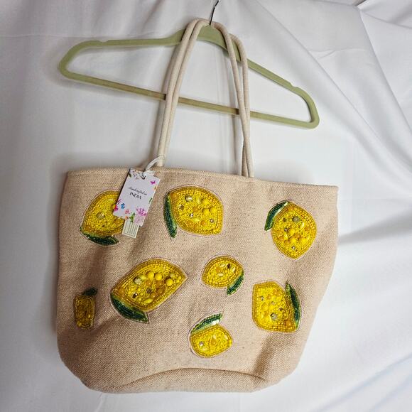 Handcrafted In India NWT Beaded Lemons Canvas Tote Beach Bag handbag ViralTikTok - Picture 1 of 16
